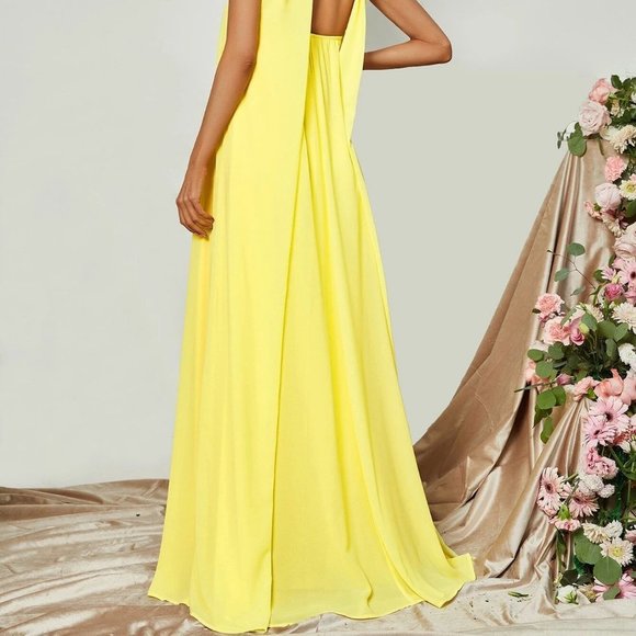 Yellow Preppy Womens Choker Neck Backless Maxi Formal Dress - Picture 2 of 5